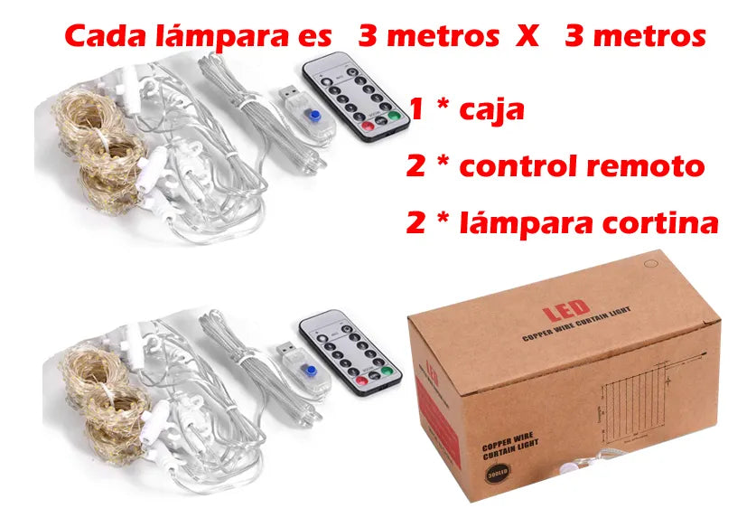 2 Cortinas de Luces Led Decorativas (Cada cortina mide 3x3m)
