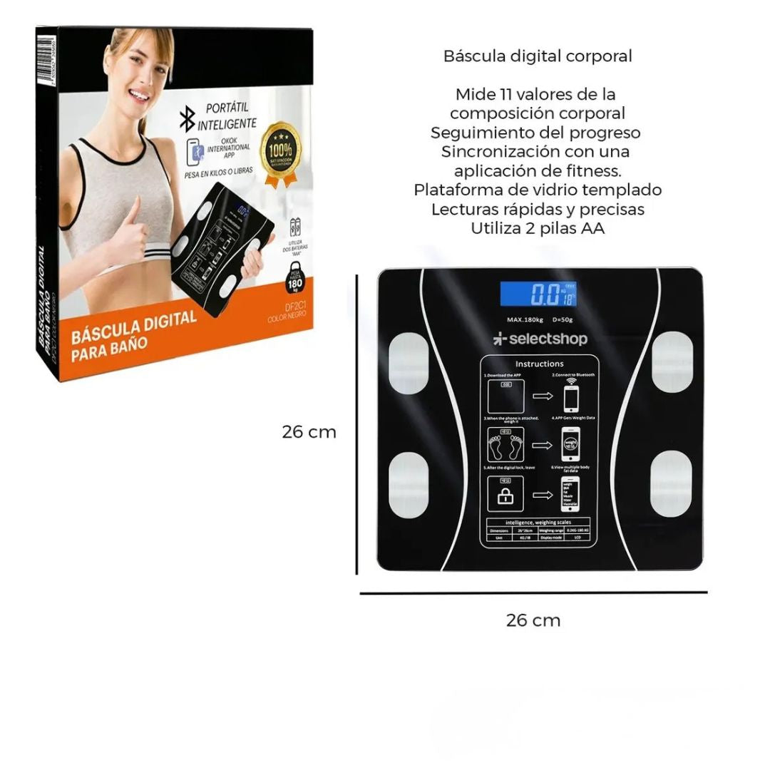 Báscula digital hasta 180 kg - Proporciona valores como peso, IMC, grasa corporal, grasa visceral, edad metabólica y masa muscular.