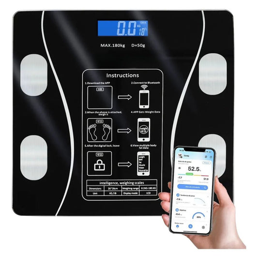 Báscula digital hasta 180 kg - Proporciona valores como peso, IMC, grasa corporal, grasa visceral, edad metabólica y masa muscular.