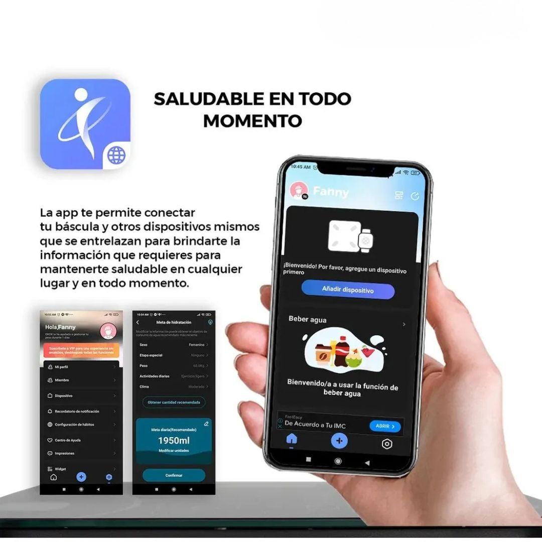 Báscula digital hasta 180 kg - Proporciona valores como peso, IMC, grasa corporal, grasa visceral, edad metabólica y masa muscular.