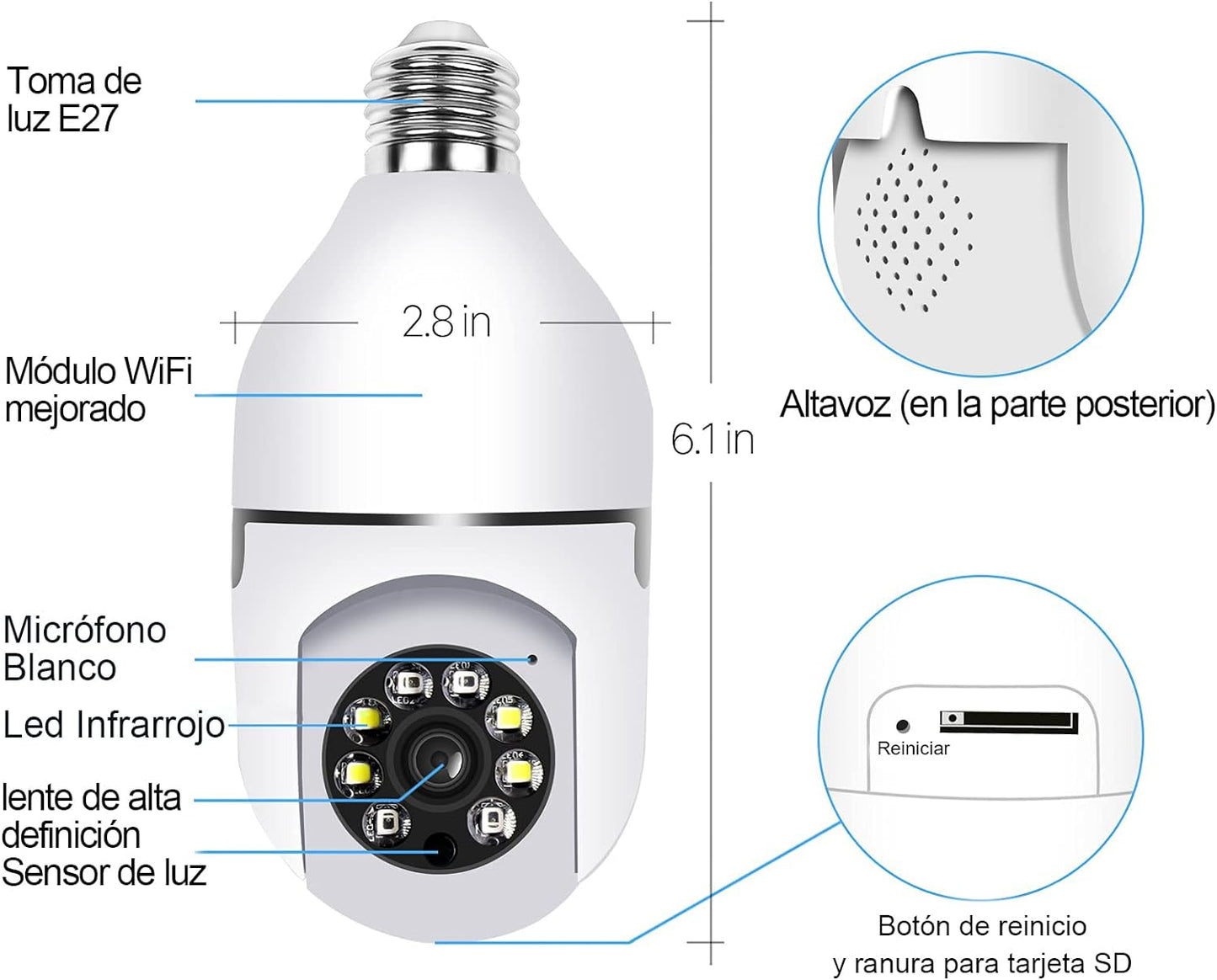 Cámara Foco 360 Inteligente Wifi Nocturna Alarma