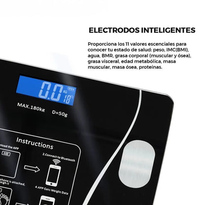 Báscula digital hasta 180 kg - Proporciona valores como peso, IMC, grasa corporal, grasa visceral, edad metabólica y masa muscular.