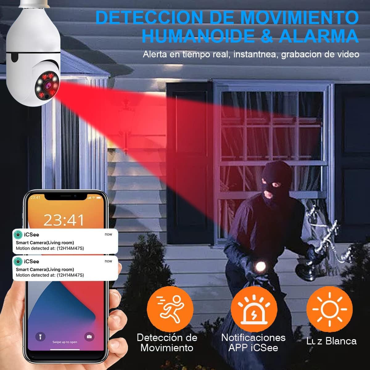 2 Cámaras Foco 360 Inteligente Wifi Nocturna Alarma