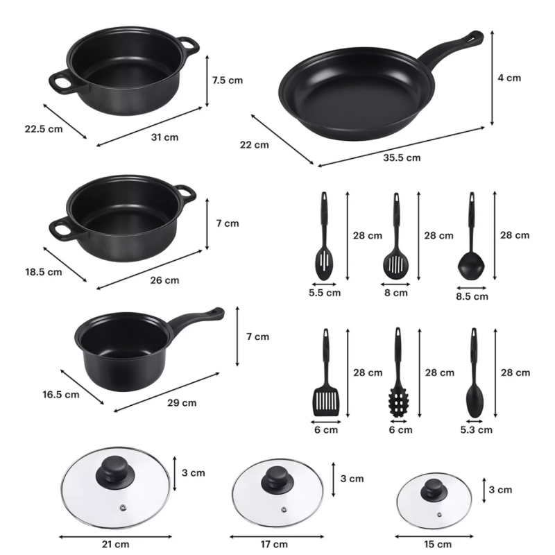 BATERIA DE COCINA 13 PIEZAS (ACERO DE CARBONO ANTIADHERENTE)