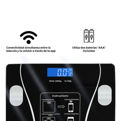 Báscula digital hasta 180 kg - Proporciona valores como peso, IMC, grasa corporal, grasa visceral, edad metabólica y masa muscular.