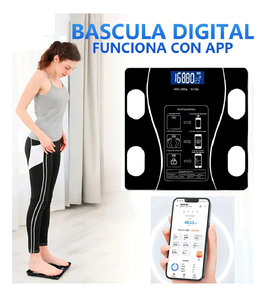 Báscula digital hasta 180 kg - Proporciona valores como peso, IMC, grasa corporal, grasa visceral, edad metabólica y masa muscular.