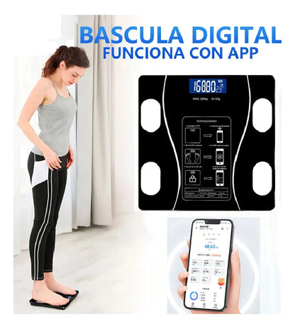 Báscula digital hasta 180 kg - Proporciona valores como peso, IMC, grasa corporal, grasa visceral, edad metabólica y masa muscular.