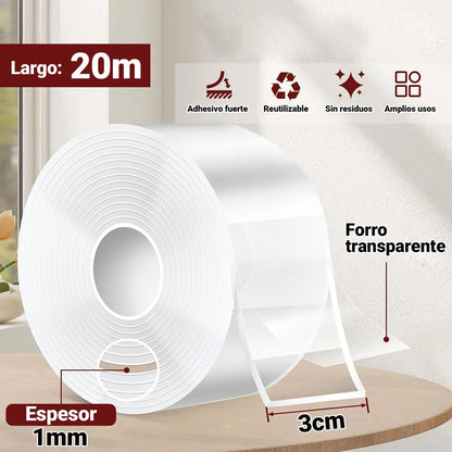 CINTA ADHESIVA DOBLE CARA LAVABLE Y REUTILIZABLE (20mts)