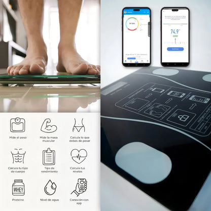 Báscula digital hasta 180 kg - Proporciona valores como peso, IMC, grasa corporal, grasa visceral, edad metabólica y masa muscular.