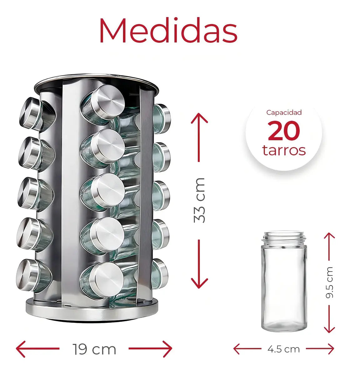 Especiero giratorio organizador de especias y condimentos  (20 Tarros de vidrio)