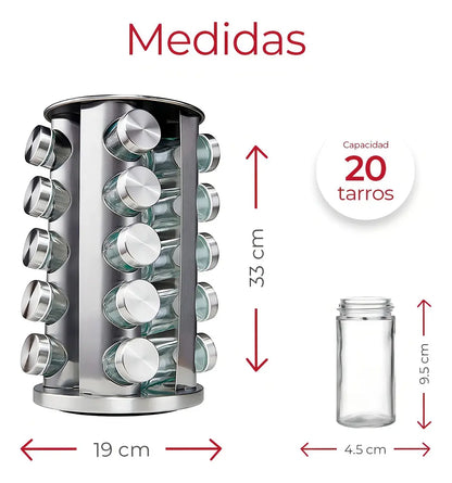 Especiero giratorio organizador de especias y condimentos  (20 Tarros de vidrio)