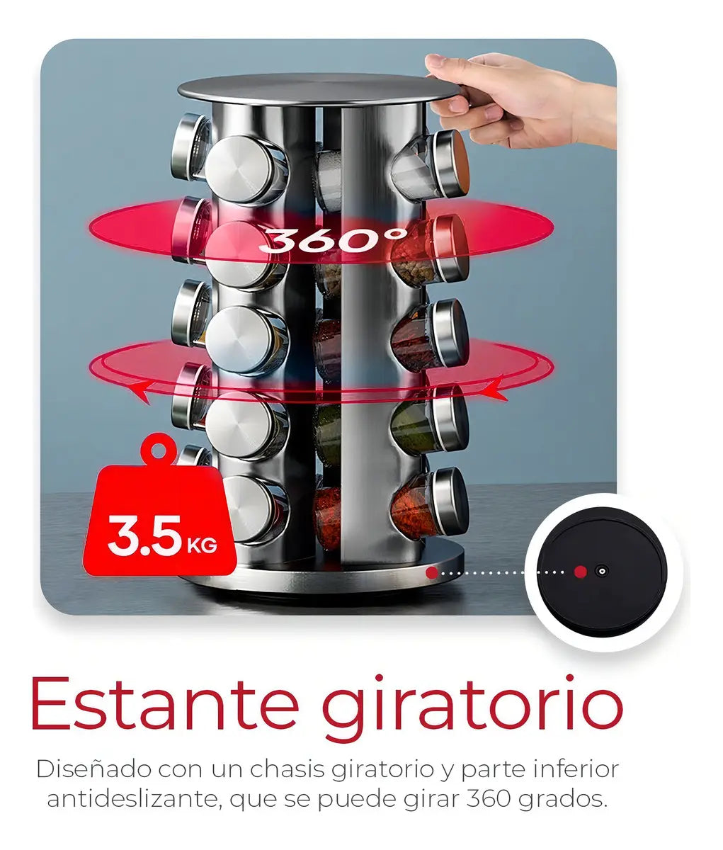 Especiero giratorio organizador de especias y condimentos  (20 Tarros de vidrio)