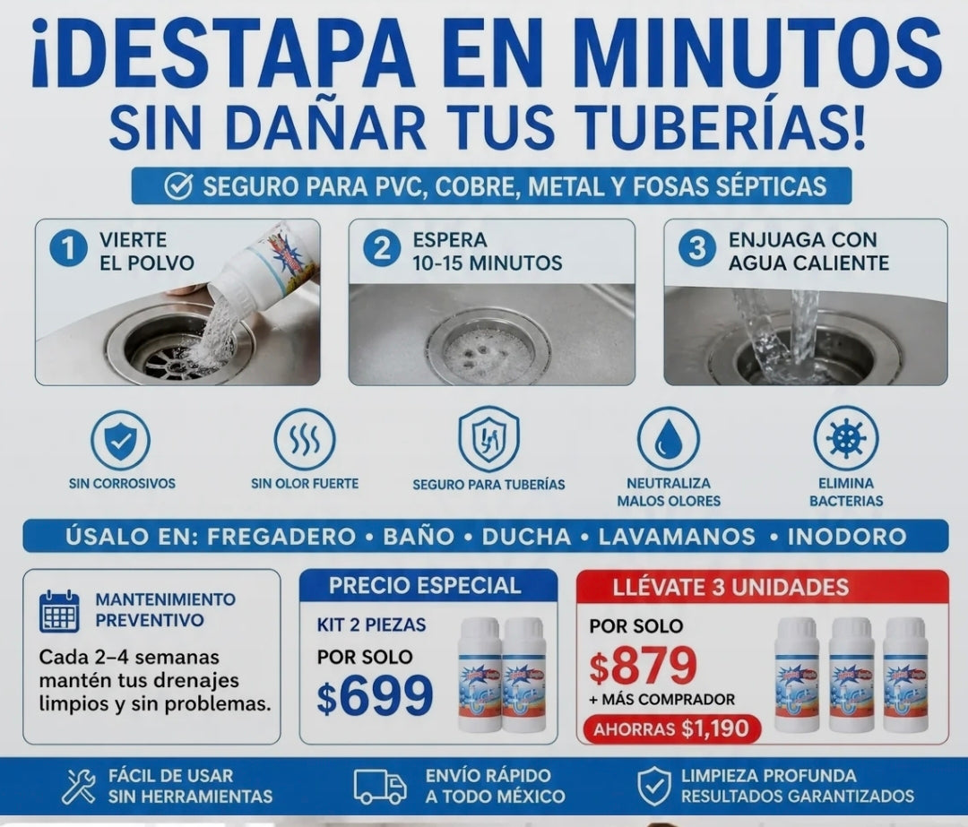 kit 2 unidades de Polvo Limpia Tuberia Drenaje