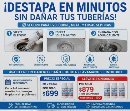 kit 2 unidades de Polvo Limpia Tuberia Drenaje