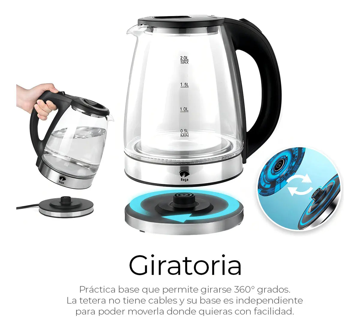 Tetera Eléctrica Con Jarra De Vidrio 2 Lt Acero Inoxidable