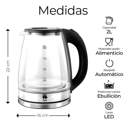Tetera Eléctrica Con Jarra De Vidrio 2 Lt Acero Inoxidable